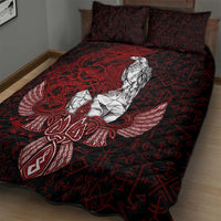 Raven and Serpent Norse Mythology Quilt Bed Set Red and White Viking Line Art