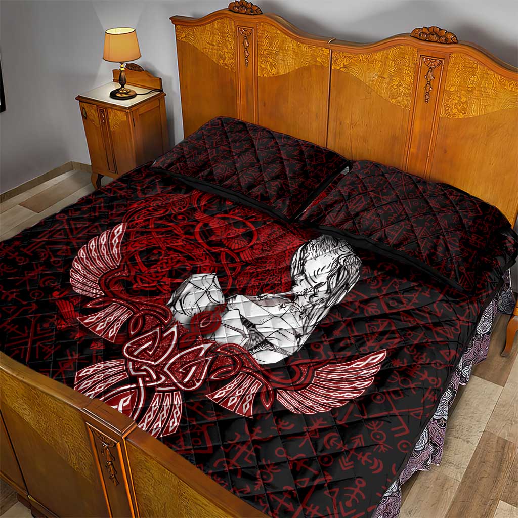 Raven and Serpent Norse Mythology Quilt Bed Set Red and White Viking Line Art