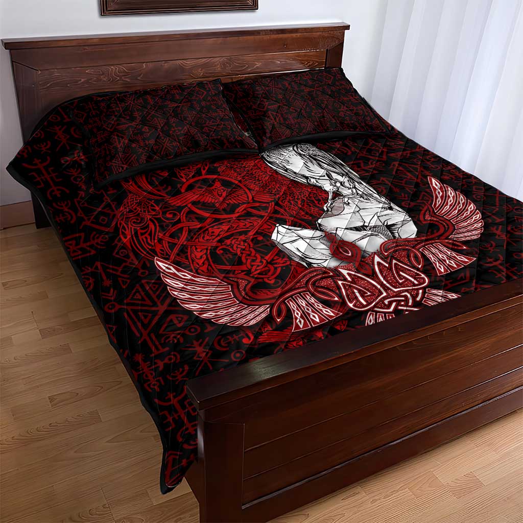 Raven and Serpent Norse Mythology Quilt Bed Set Red and White Viking Line Art