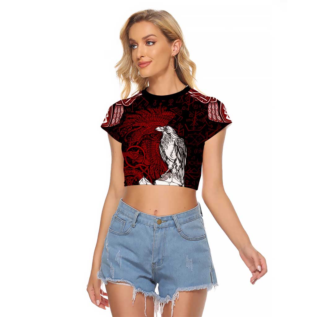 Raven and Serpent Norse Mythology Raglan Cropped T Shirt Red and White Viking Line Art