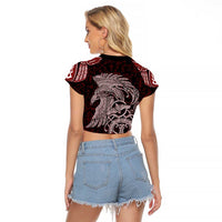 Raven and Serpent Norse Mythology Raglan Cropped T Shirt Red and White Viking Line Art