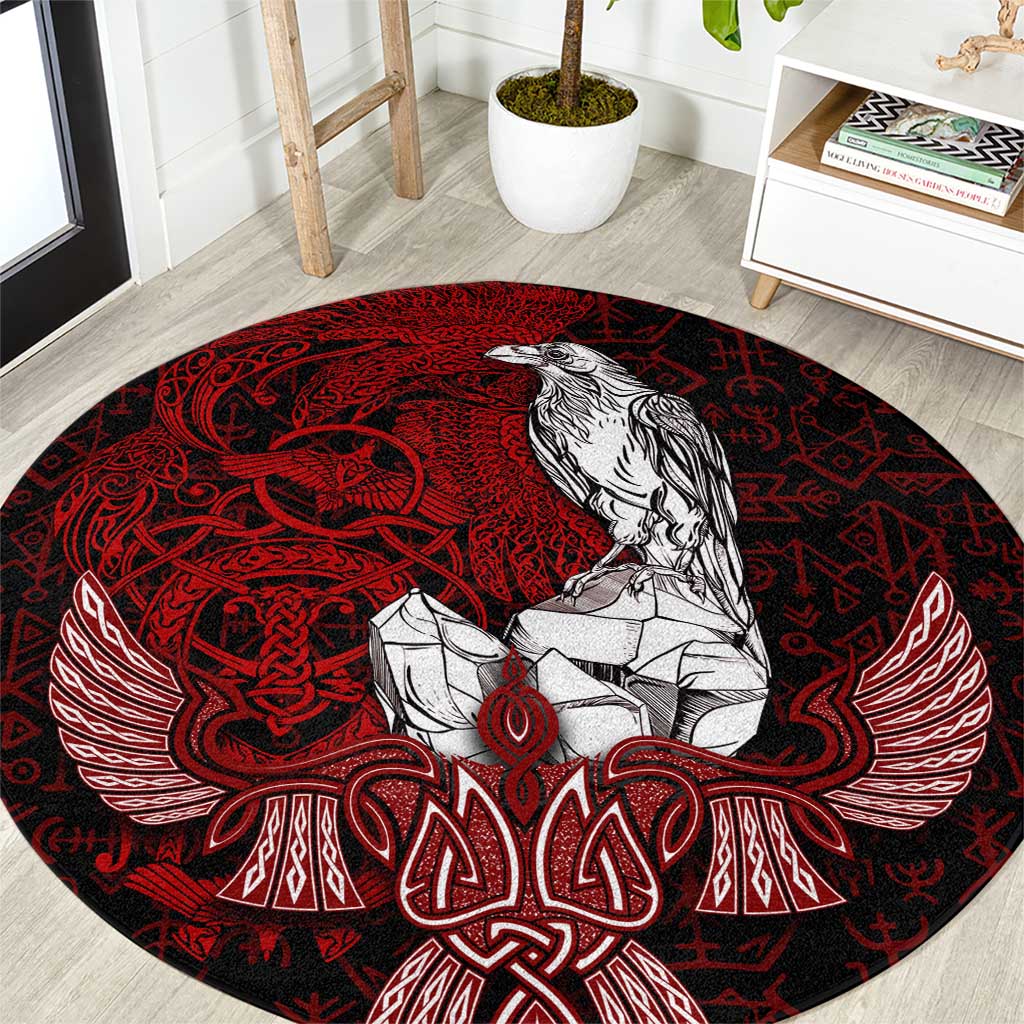 Raven and Serpent Norse Mythology Round Carpet Red and White Viking Line Art