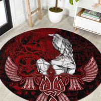 Raven and Serpent Norse Mythology Round Carpet Red and White Viking Line Art