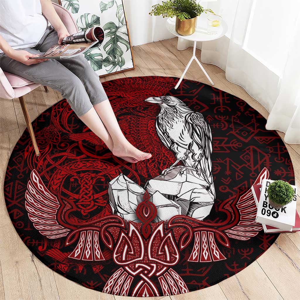 Raven and Serpent Norse Mythology Round Carpet Red and White Viking Line Art
