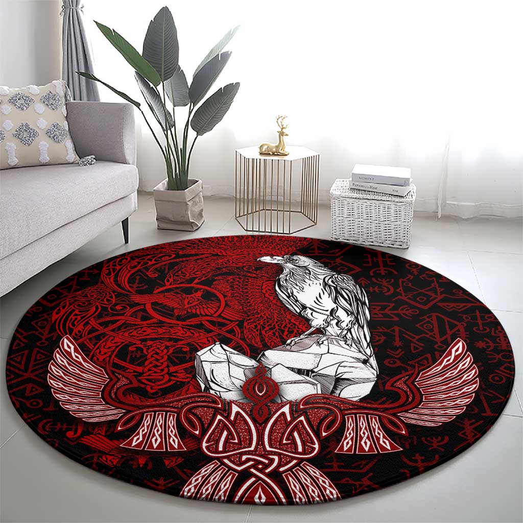Raven and Serpent Norse Mythology Round Carpet Red and White Viking Line Art