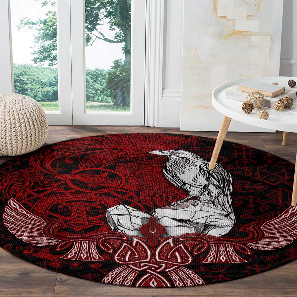 Raven and Serpent Norse Mythology Round Carpet Red and White Viking Line Art