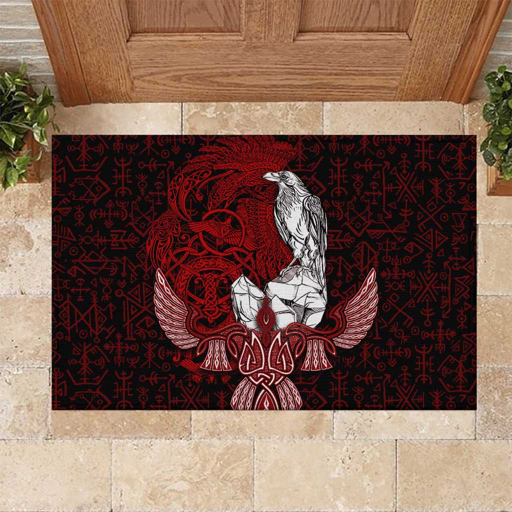 Raven and Serpent Norse Mythology Rubber Doormat Red and White Viking Line Art