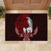 Raven and Serpent Norse Mythology Rubber Doormat Red and White Viking Line Art