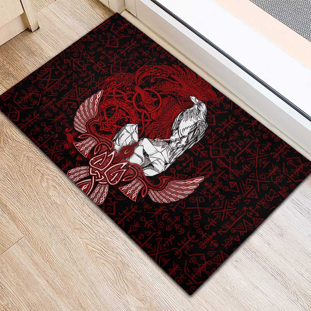 Raven and Serpent Norse Mythology Rubber Doormat Red and White Viking Line Art