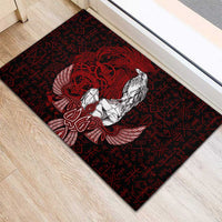 Raven and Serpent Norse Mythology Rubber Doormat Red and White Viking Line Art