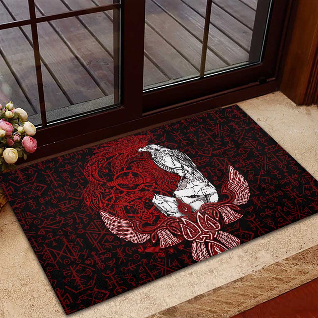 Raven and Serpent Norse Mythology Rubber Doormat Red and White Viking Line Art