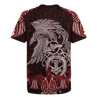 Raven and Serpent Norse Mythology Rugby Jersey Red and White Viking Line Art