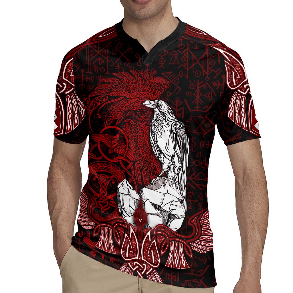 Raven and Serpent Norse Mythology Rugby Jersey Red and White Viking Line Art