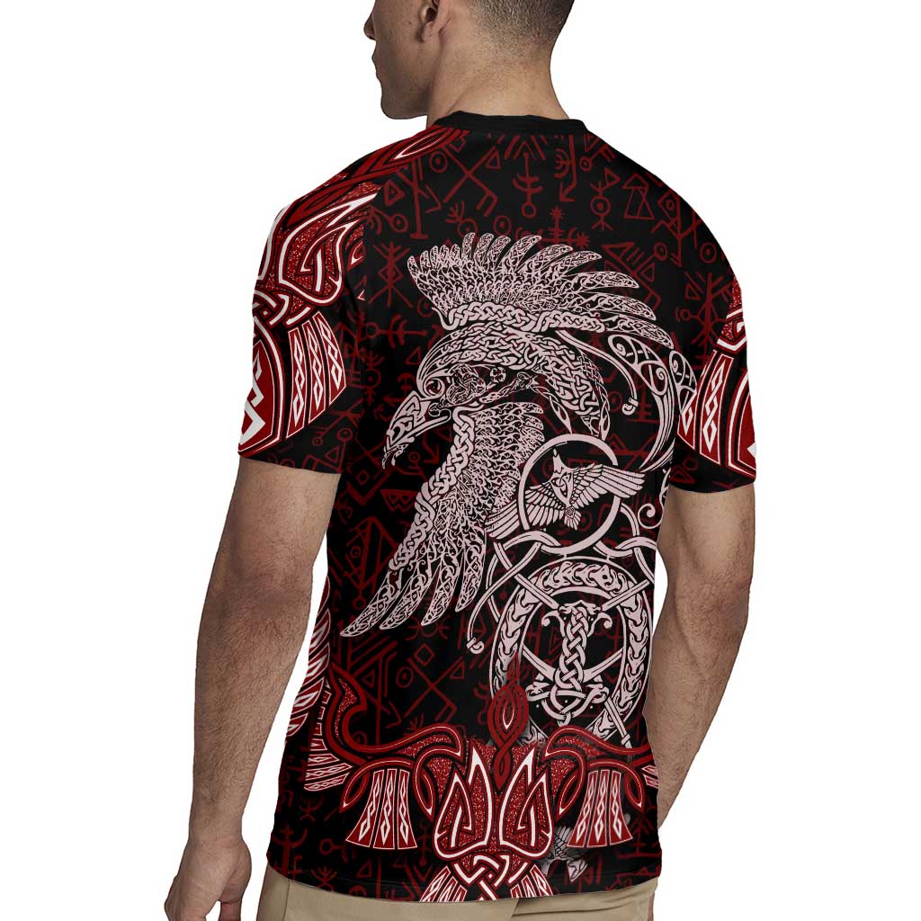 Raven and Serpent Norse Mythology Rugby Jersey Red and White Viking Line Art