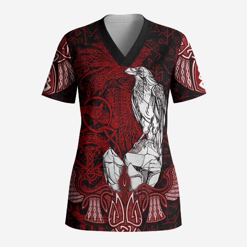 Raven and Serpent Norse Mythology Scrub Top Red and White Viking Line Art