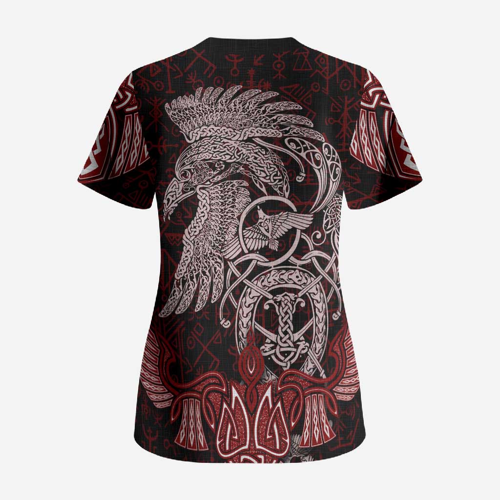 Raven and Serpent Norse Mythology Scrub Top Red and White Viking Line Art