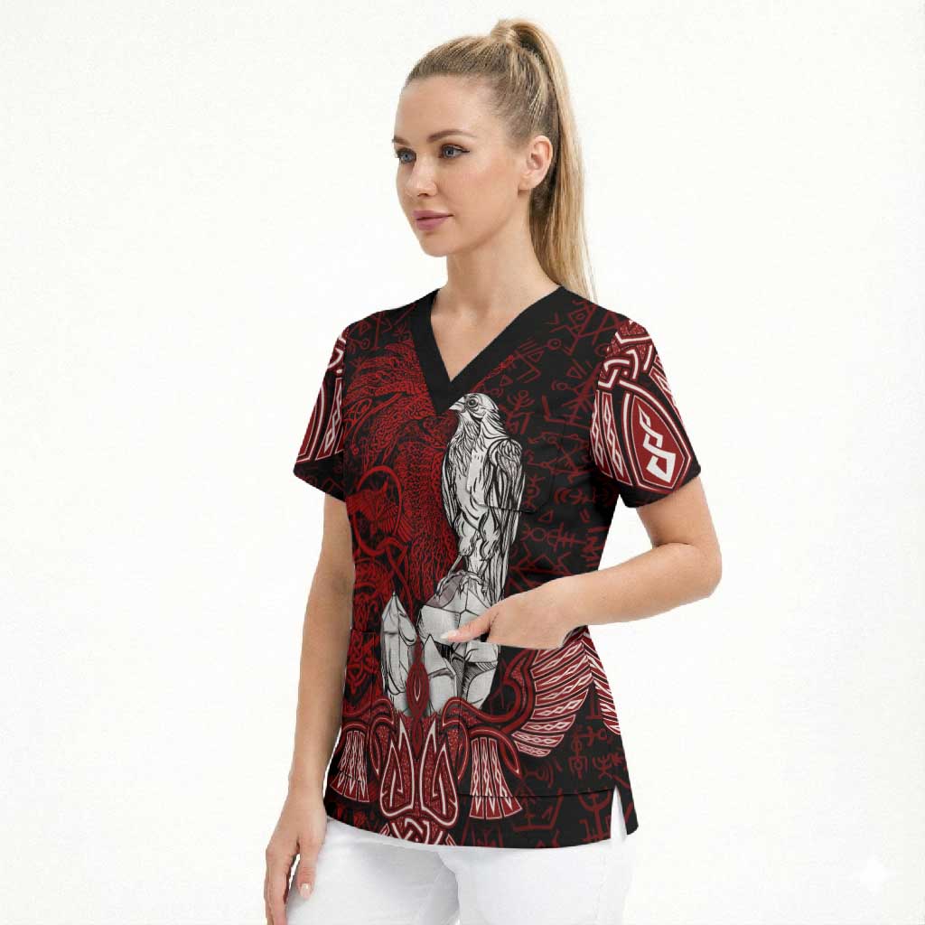 Raven and Serpent Norse Mythology Scrub Top Red and White Viking Line Art