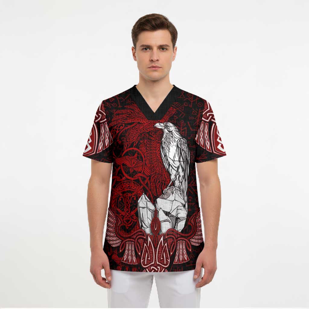 Raven and Serpent Norse Mythology Scrub Top Red and White Viking Line Art