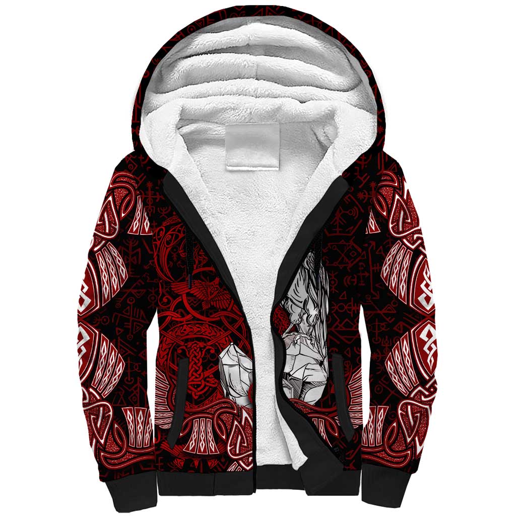 Raven and Serpent Norse Mythology Sherpa Hoodie Red and White Viking Line Art
