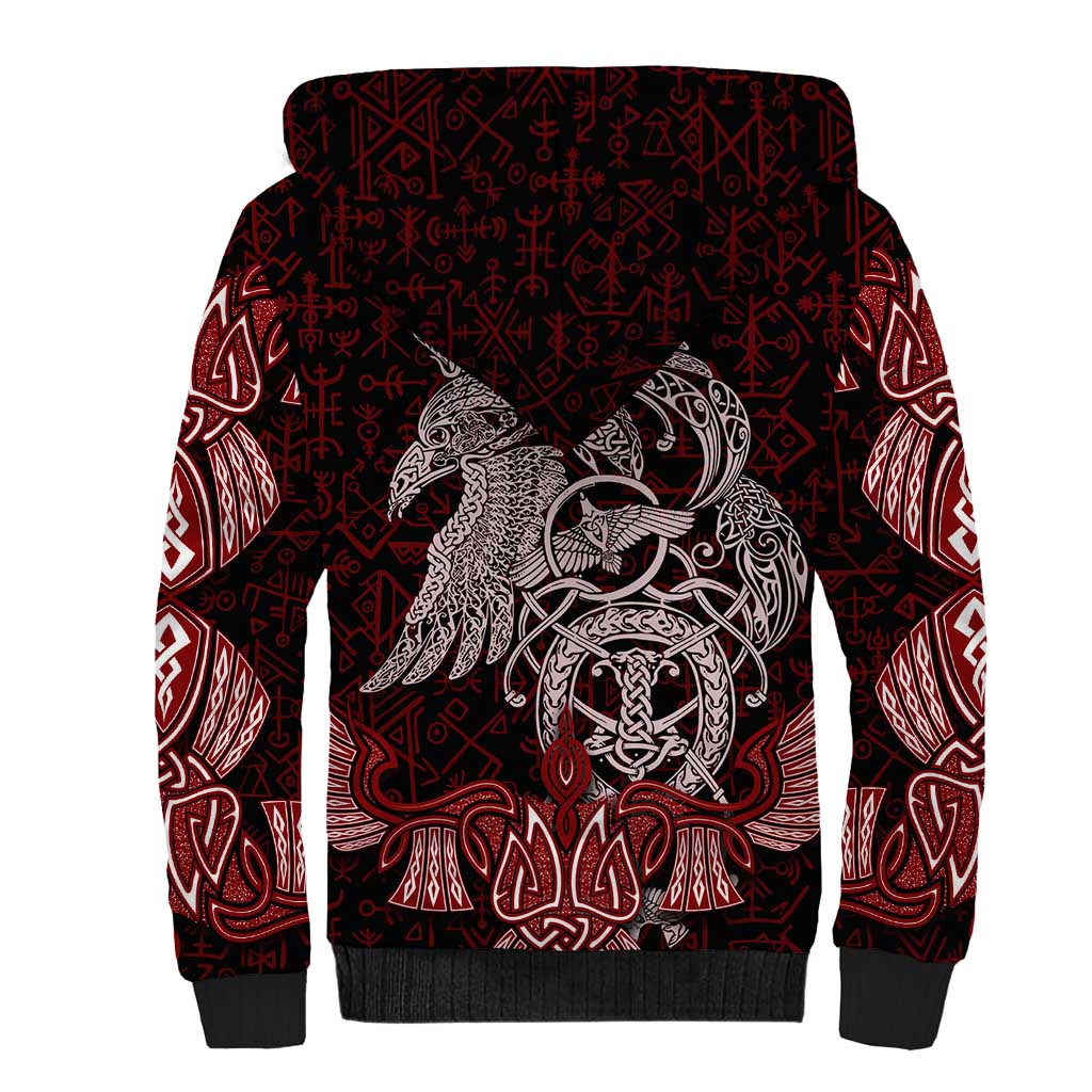 Raven and Serpent Norse Mythology Sherpa Hoodie Red and White Viking Line Art