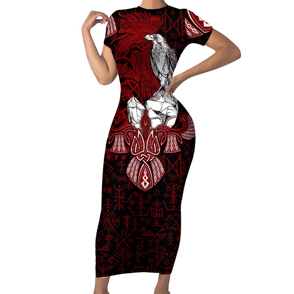 Raven and Serpent Norse Mythology Short Sleeve Bodycon Dress Red and White Viking Line Art
