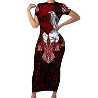 Raven and Serpent Norse Mythology Short Sleeve Bodycon Dress Red and White Viking Line Art