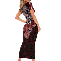 Raven and Serpent Norse Mythology Short Sleeve Bodycon Dress Red and White Viking Line Art