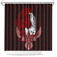 Raven and Serpent Norse Mythology Shower Curtain Red and White Viking Line Art