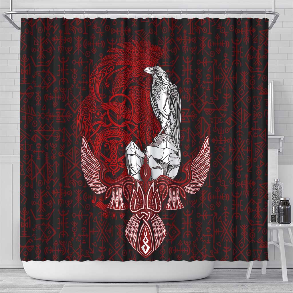 Raven and Serpent Norse Mythology Shower Curtain Red and White Viking Line Art