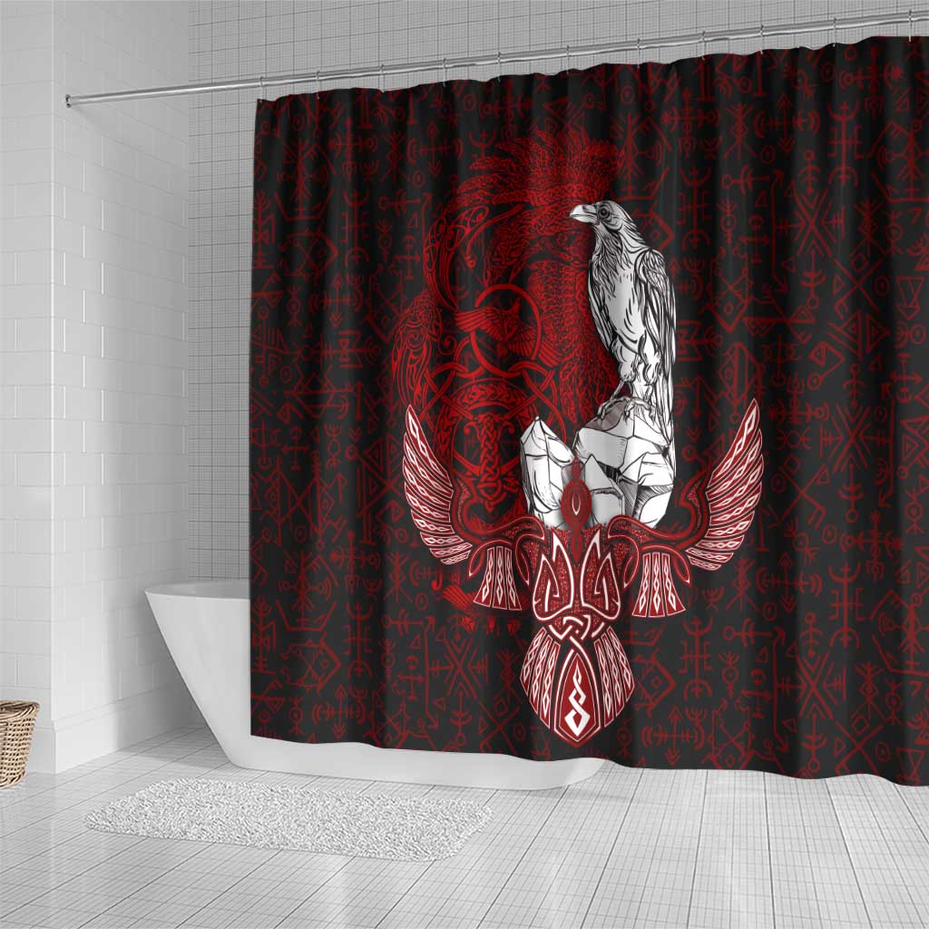 Raven and Serpent Norse Mythology Shower Curtain Red and White Viking Line Art