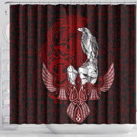 Raven and Serpent Norse Mythology Shower Curtain Red and White Viking Line Art