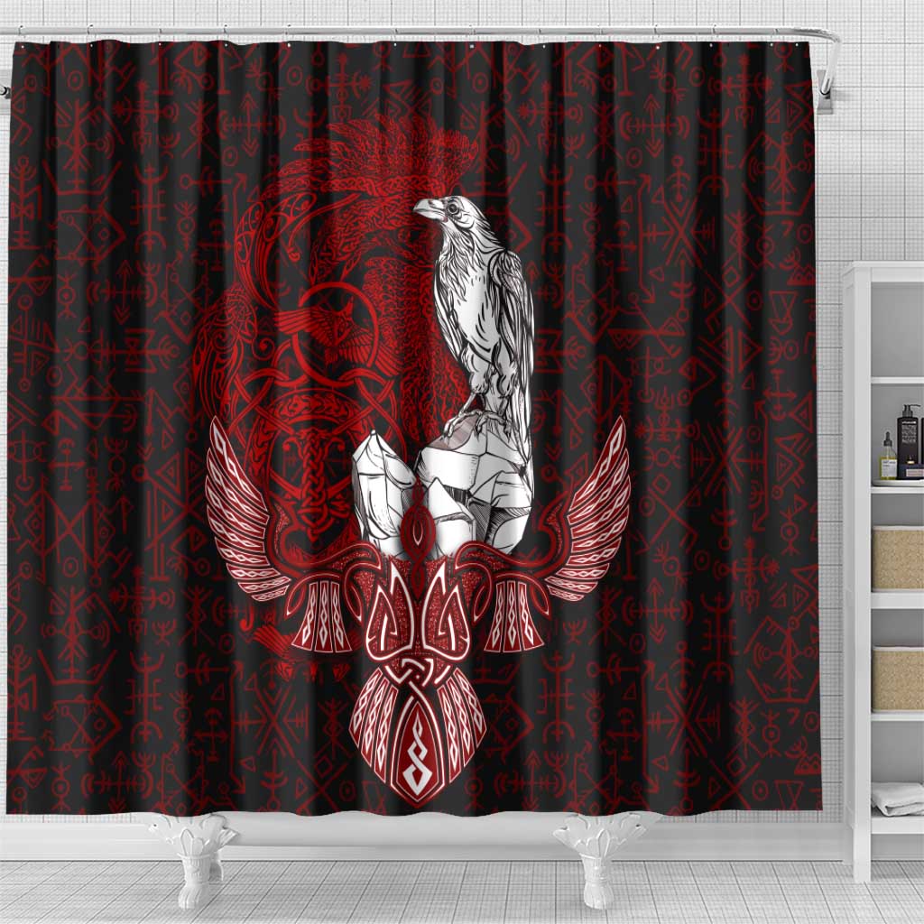 Raven and Serpent Norse Mythology Shower Curtain Red and White Viking Line Art