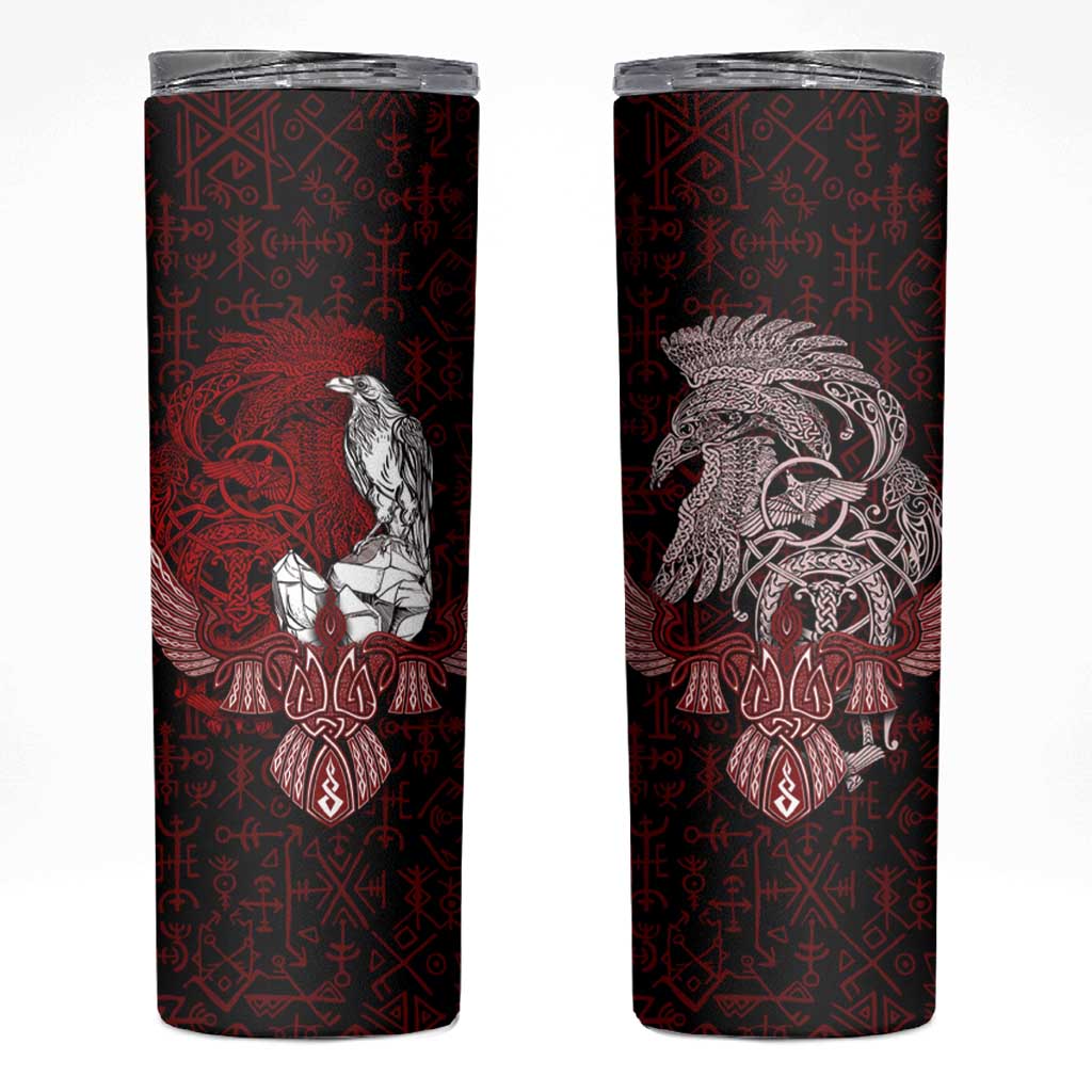 Raven and Serpent Norse Mythology Skinny Tumbler Red and White Viking Line Art