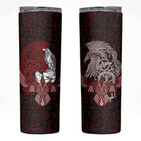 Raven and Serpent Norse Mythology Skinny Tumbler Red and White Viking Line Art