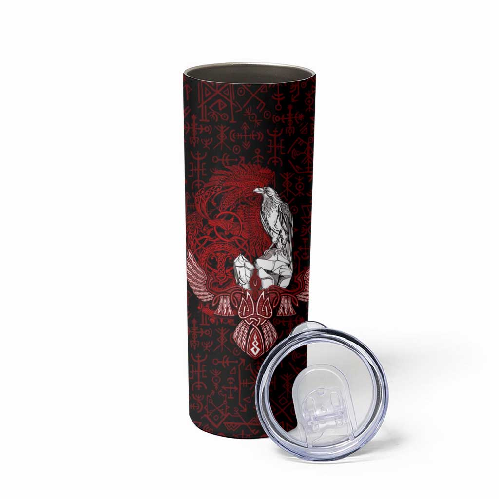 Raven and Serpent Norse Mythology Skinny Tumbler Red and White Viking Line Art