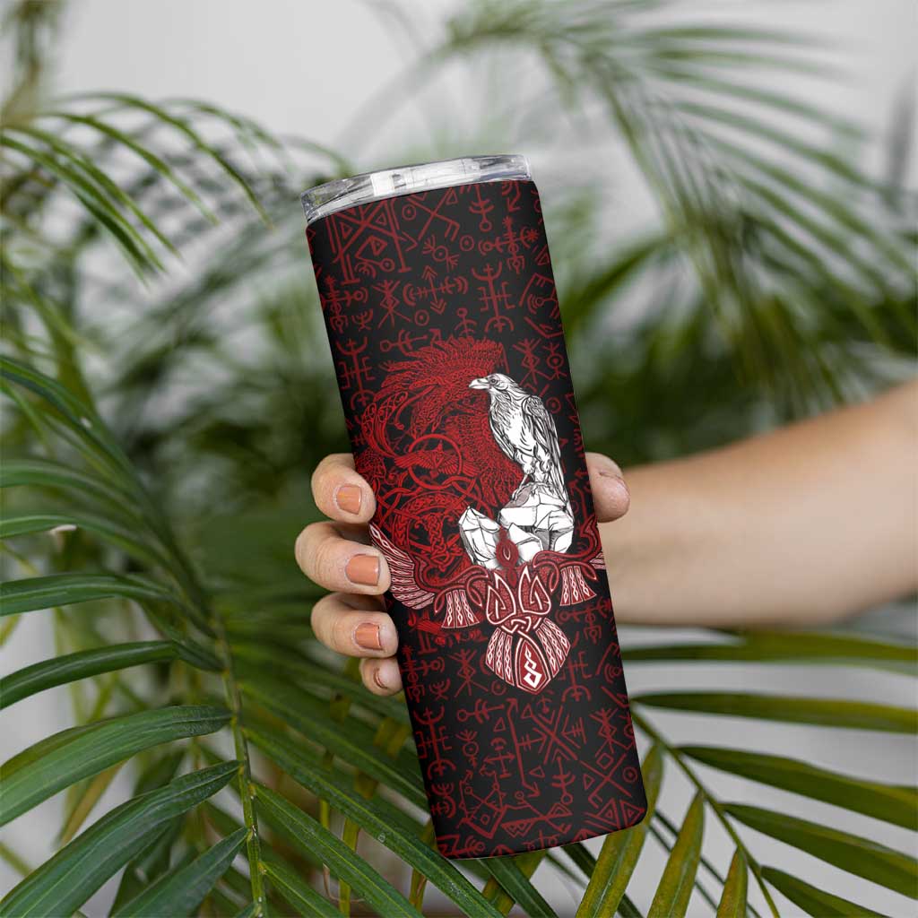 Raven and Serpent Norse Mythology Skinny Tumbler Red and White Viking Line Art