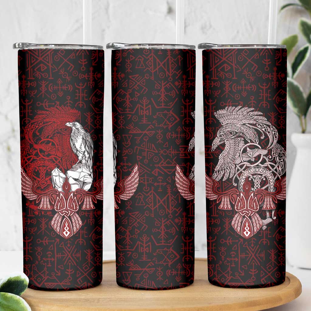 Raven and Serpent Norse Mythology Skinny Tumbler Red and White Viking Line Art