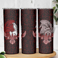 Raven and Serpent Norse Mythology Skinny Tumbler Red and White Viking Line Art