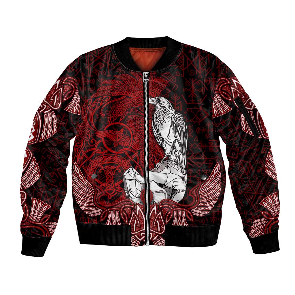 Raven and Serpent Norse Mythology Sleeve Zip Bomber Jacket Red and White Viking Line Art