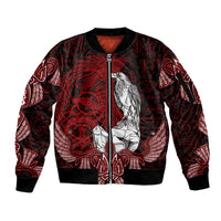 Raven and Serpent Norse Mythology Sleeve Zip Bomber Jacket Red and White Viking Line Art