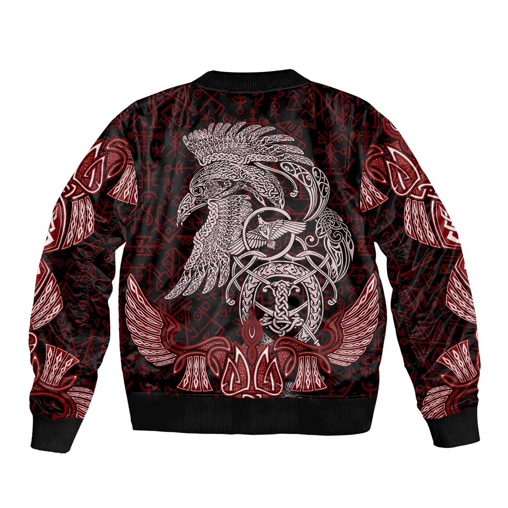 Raven and Serpent Norse Mythology Sleeve Zip Bomber Jacket Red and White Viking Line Art