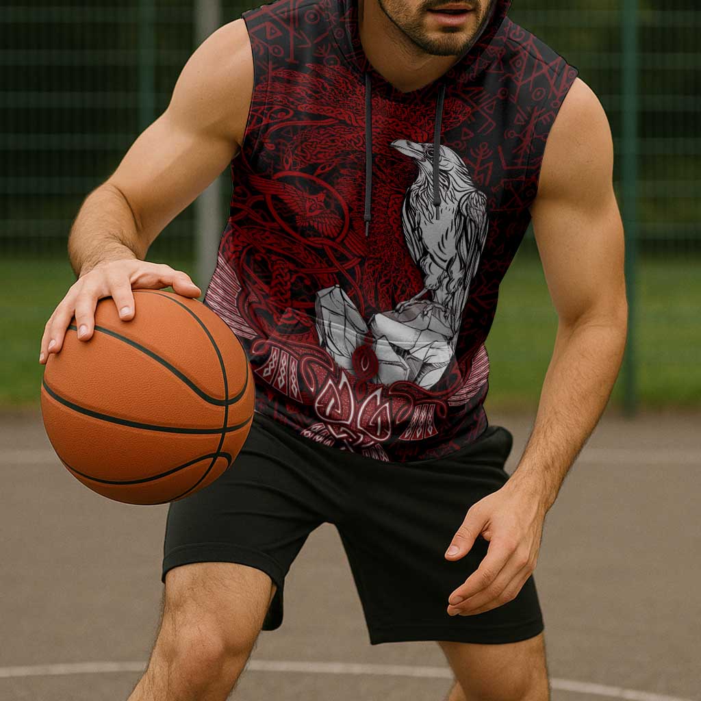 Raven and Serpent Norse Mythology Sleeveless Hoodie Red and White Viking Line Art
