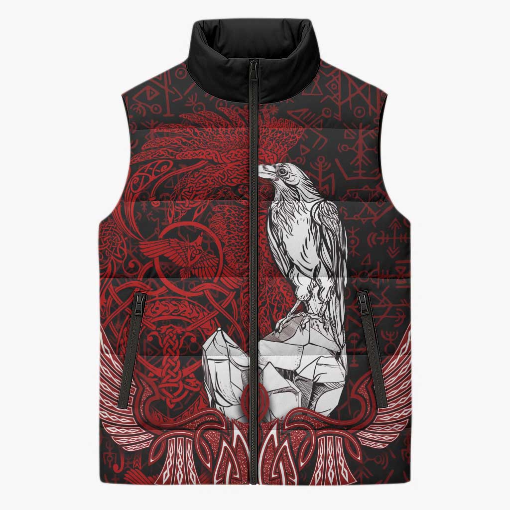 Raven and Serpent Norse Mythology Sleeveless Puffer Jacket Red and White Viking Line Art