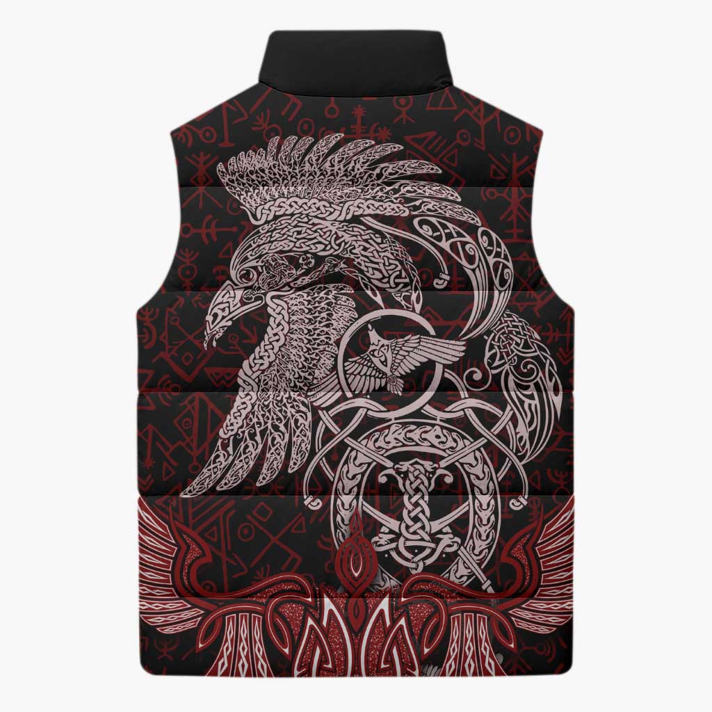 Raven and Serpent Norse Mythology Sleeveless Puffer Jacket Red and White Viking Line Art