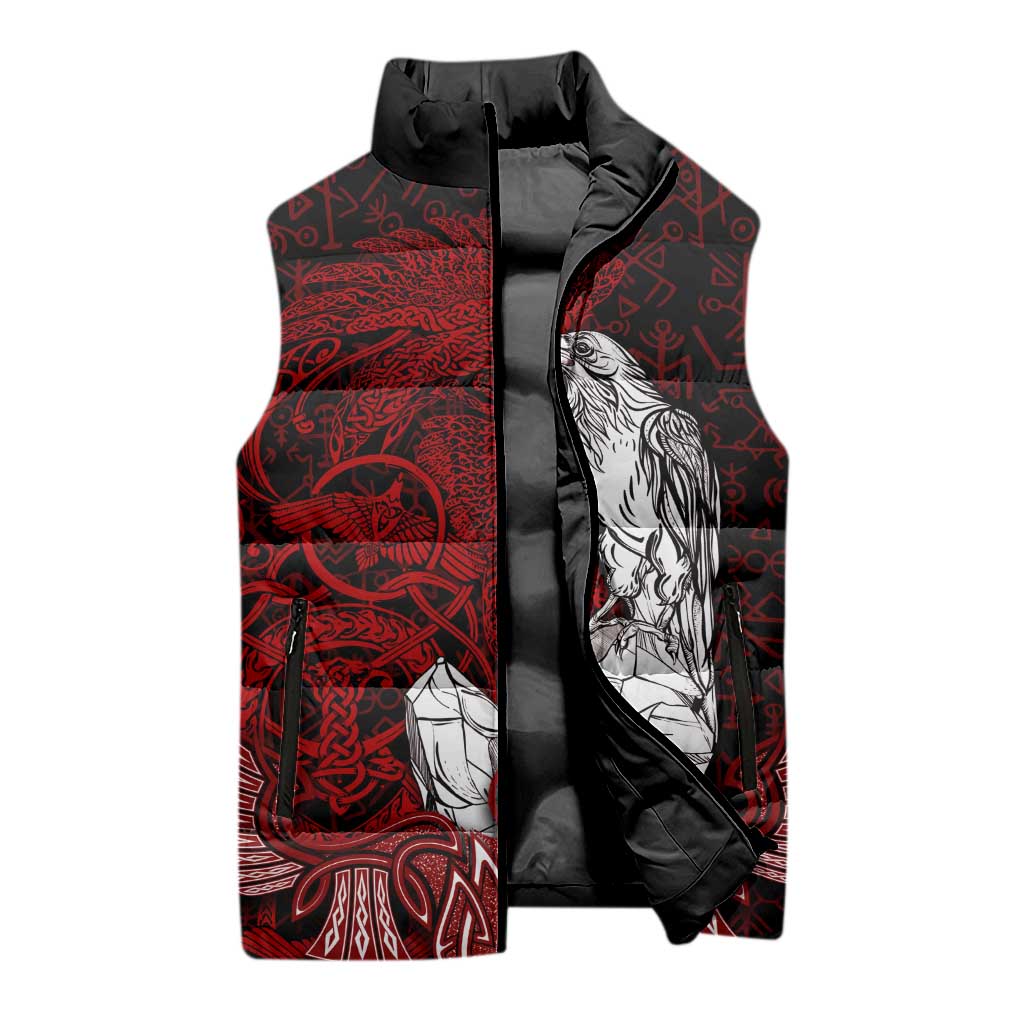 Raven and Serpent Norse Mythology Sleeveless Puffer Jacket Red and White Viking Line Art