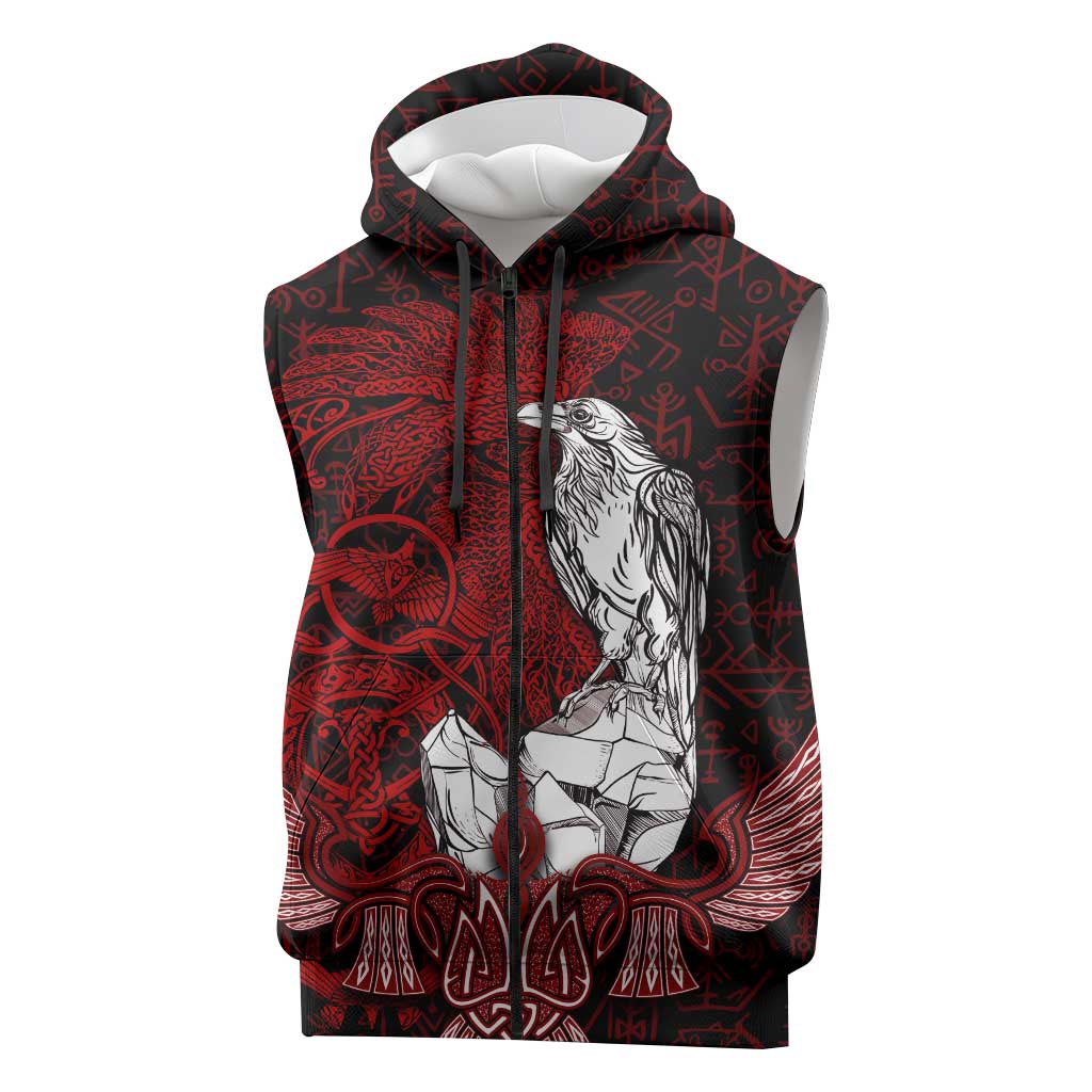 Raven and Serpent Norse Mythology Sleeveless Zip Hoodie Red and White Viking Line Art