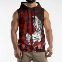 Raven and Serpent Norse Mythology Sleeveless Zip Hoodie Red and White Viking Line Art