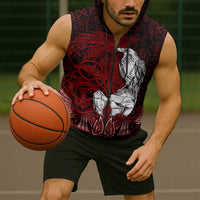 Raven and Serpent Norse Mythology Sleeveless Zip Hoodie Red and White Viking Line Art