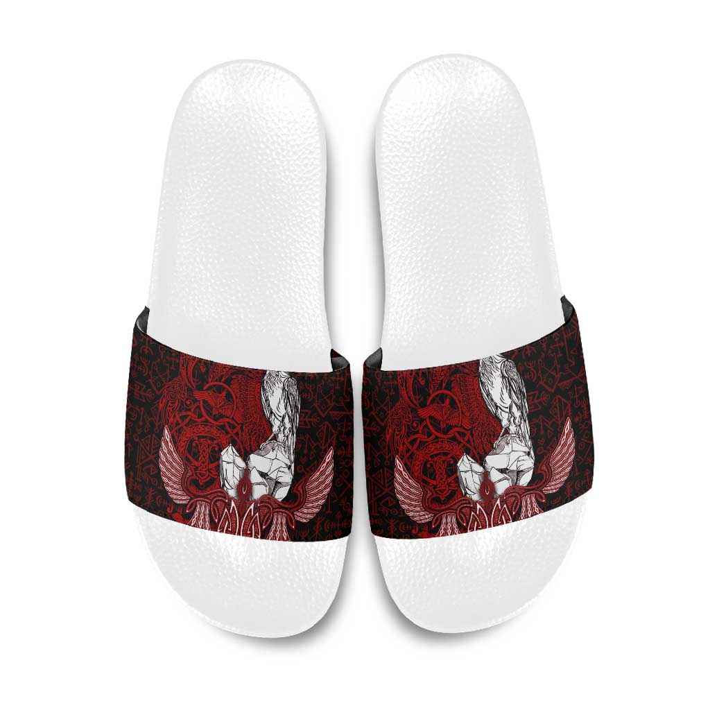 Raven and Serpent Norse Mythology Slide Sandals Red and White Viking Line Art
