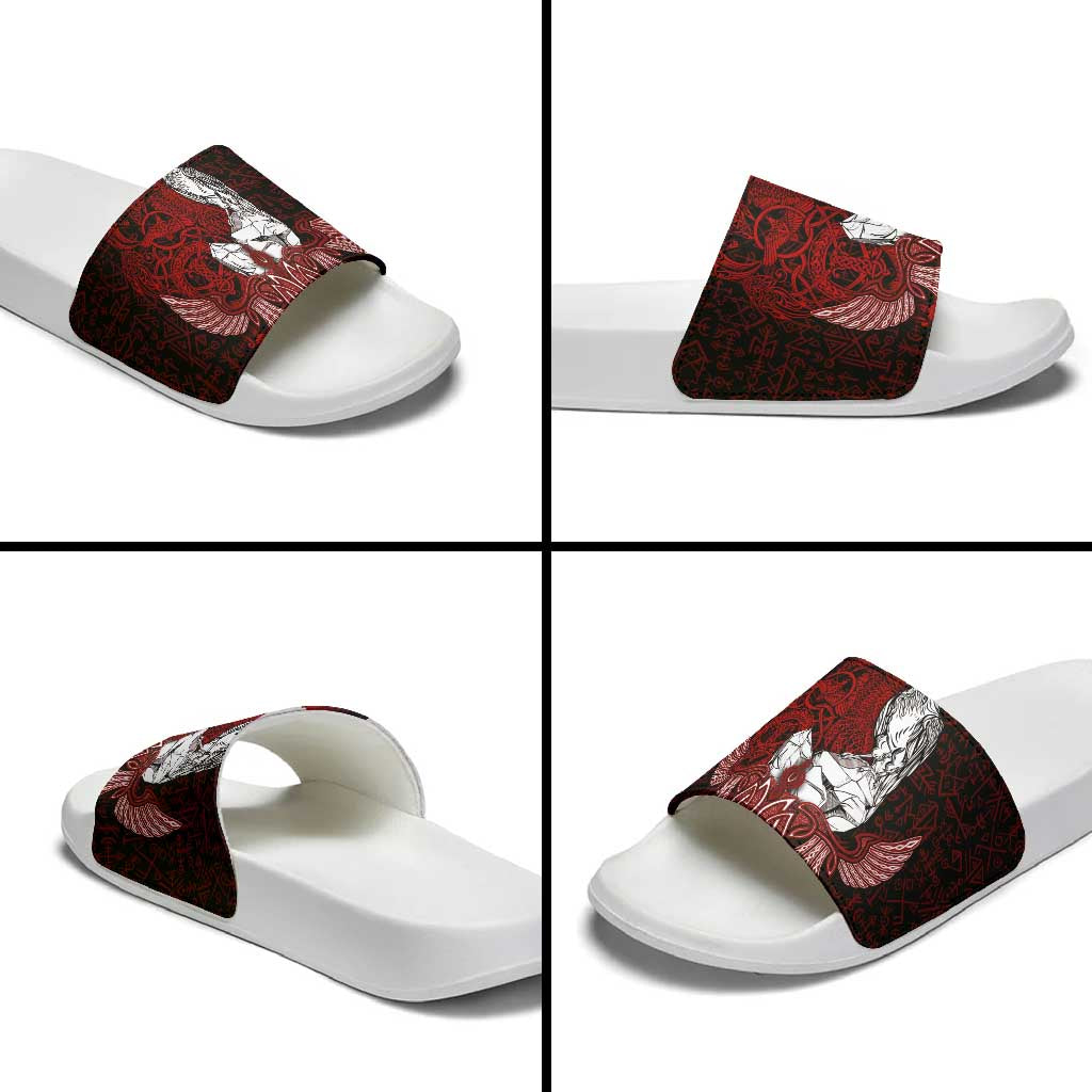 Raven and Serpent Norse Mythology Slide Sandals Red and White Viking Line Art